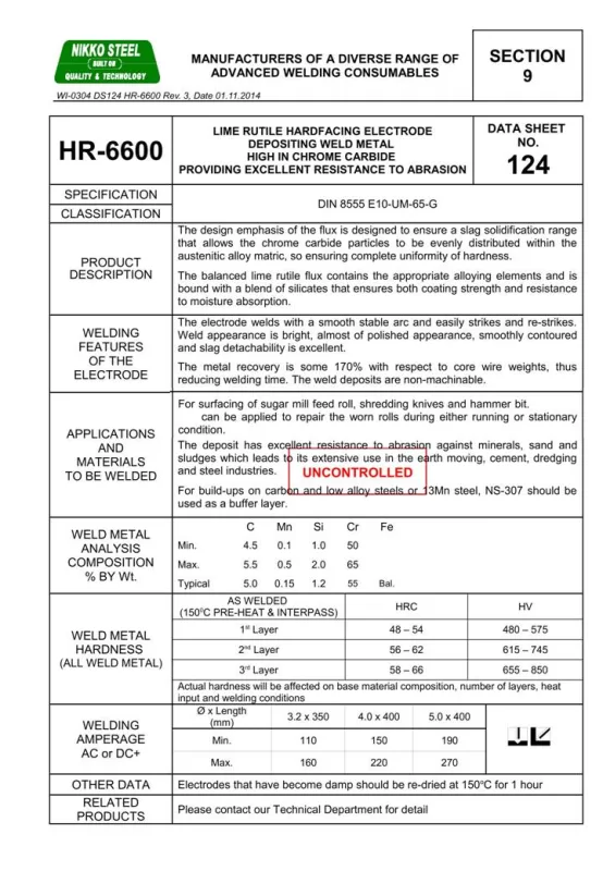 Thành phần que hàn đắp cứng HR-6600